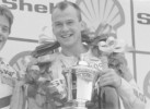 On the podium at Donington after winning the 250cc British Championship